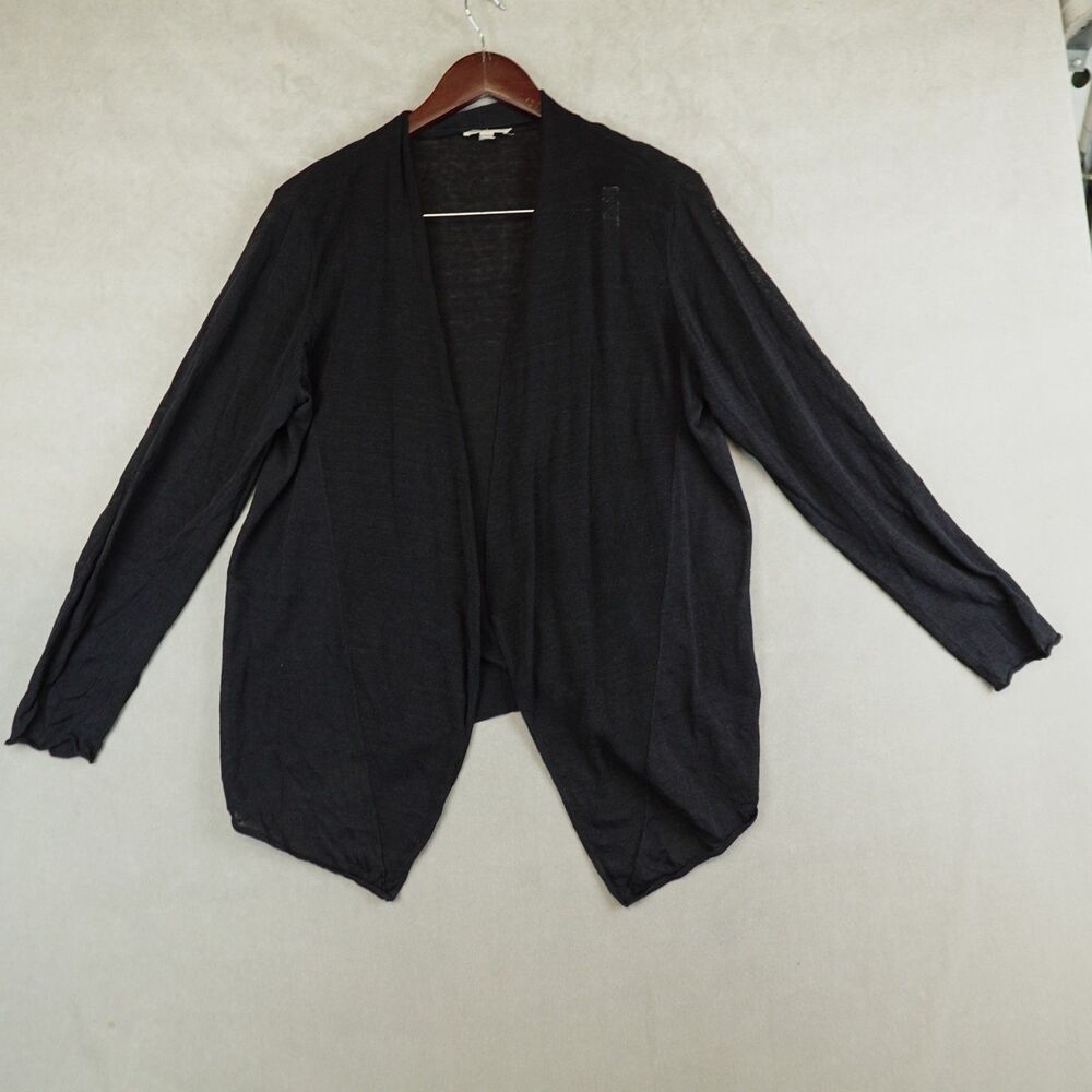 Eileen Fisher Sweater Womens Large Black Linen Blend Open Front Cardigan